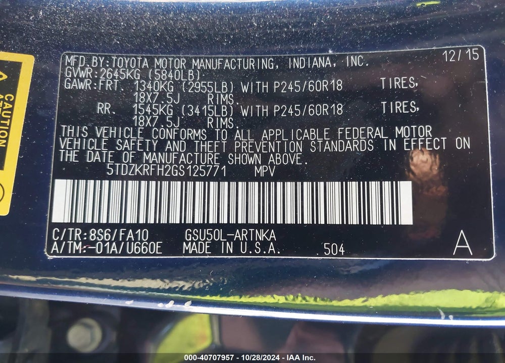 2016 TOYOTA HIGHLANDER LE PLUS V6 VIN: 5TDZKRFH2GS125771