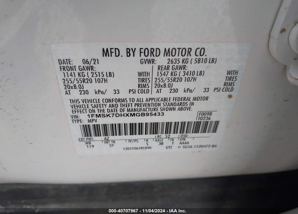 2021 FORD EXPLORER XLT VIN: 1FMSK7DHXMGB95433