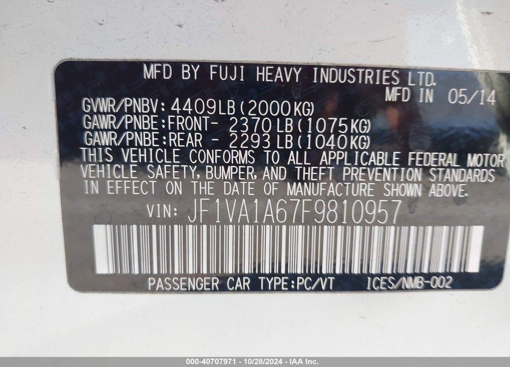 2015 SUBARU WRX VIN: JF1VA1A67F9810957