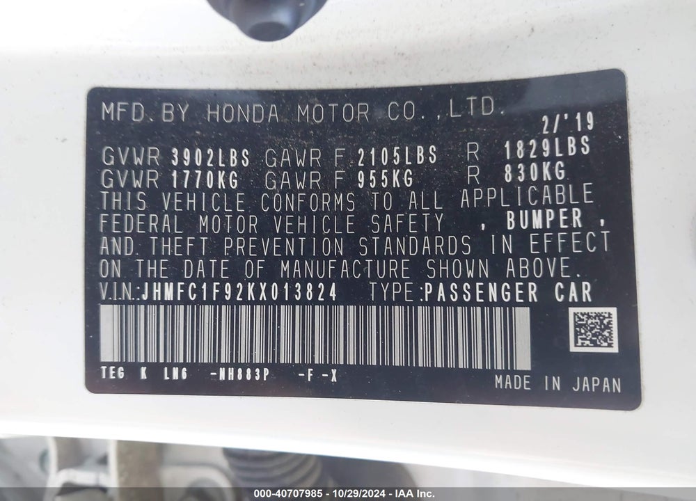 2019 HONDA CIVIC TOURING VIN: JHMFC1F92KX013824