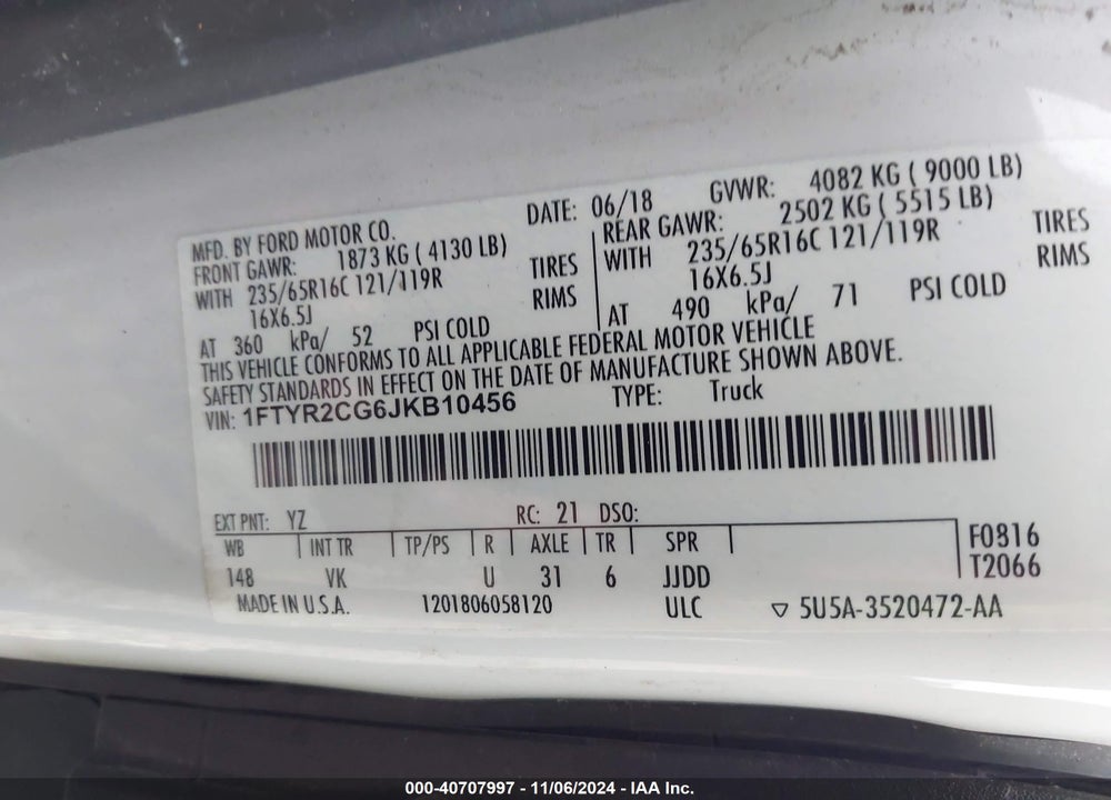 2018 FORD TRANSIT-250 VIN: 1FTYR2CG6JKB10456