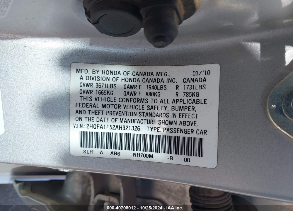 2010 HONDA CIVIC LX VIN: 2HGFA1F52AH321326