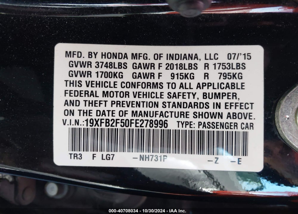 2015 HONDA CIVIC LX VIN: 19XFB2F50FE278996