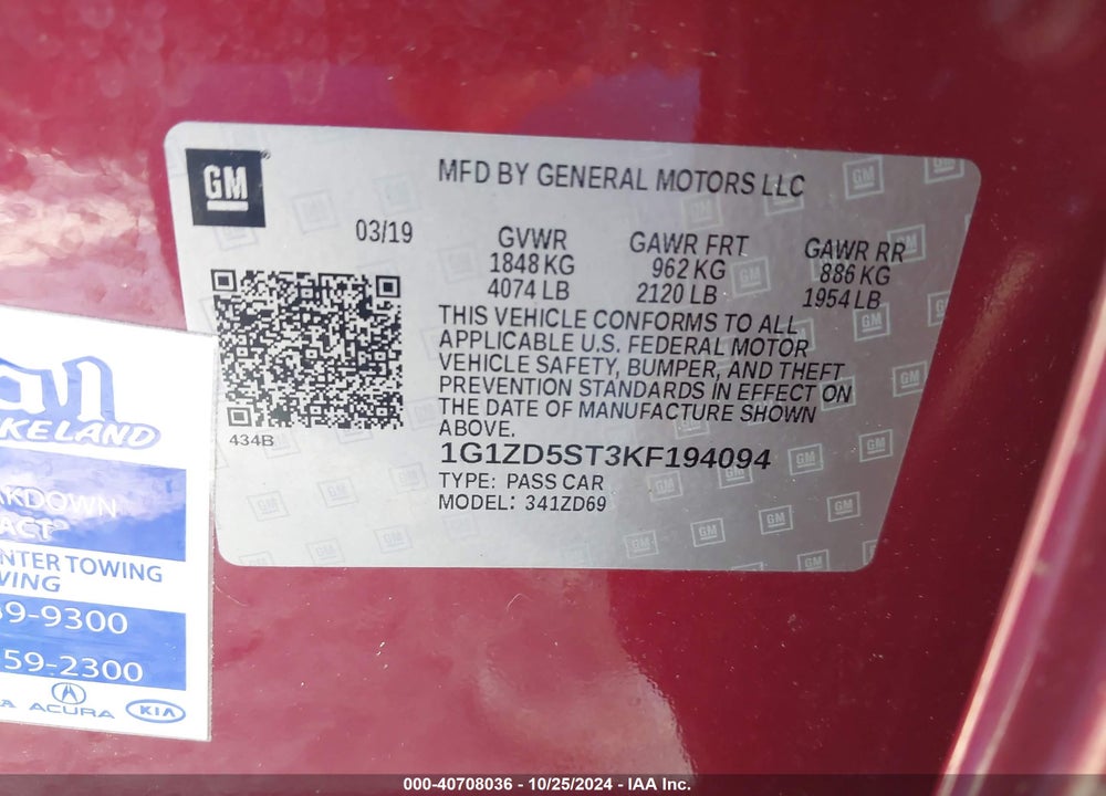 2019 CHEVROLET MALIBU LT VIN: 1G1ZD5ST3KF194094