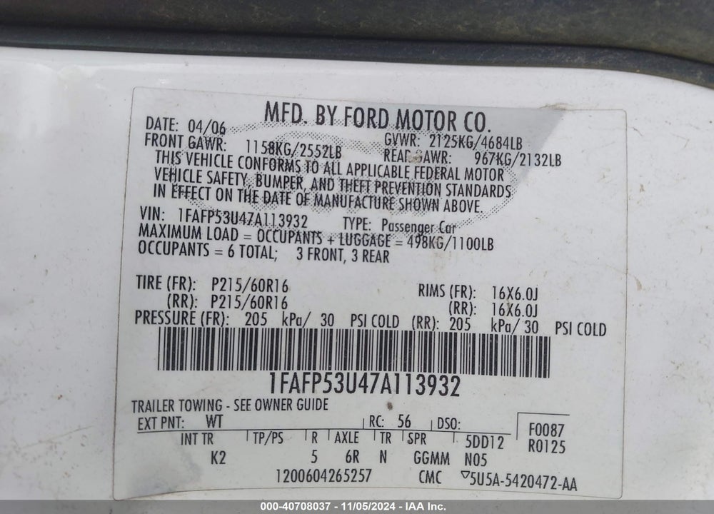 2007 FORD TAURUS VIN: 1FAFP53U47A113932