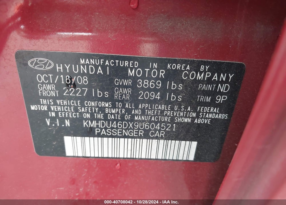 2009 HYUNDAI ELANTRA VIN: KMHDU46DX9U604521