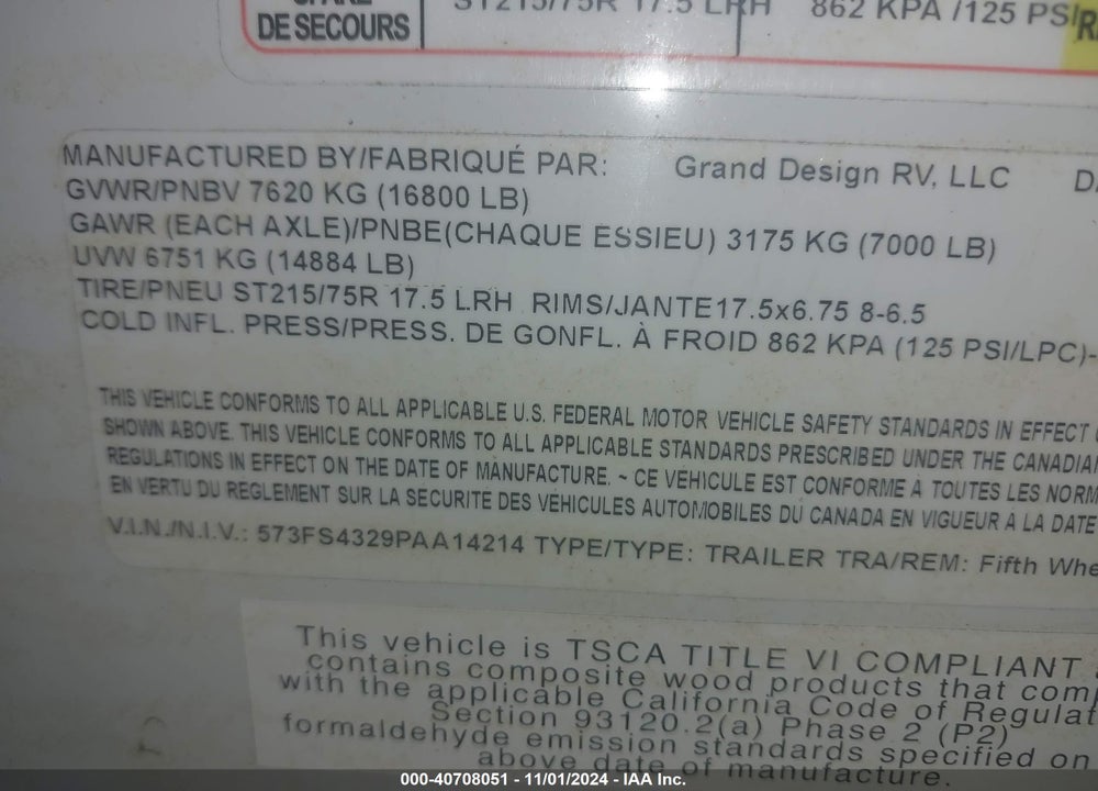 2023 GRAND DESIGN OTHER VIN: 573FS4329PAA14214