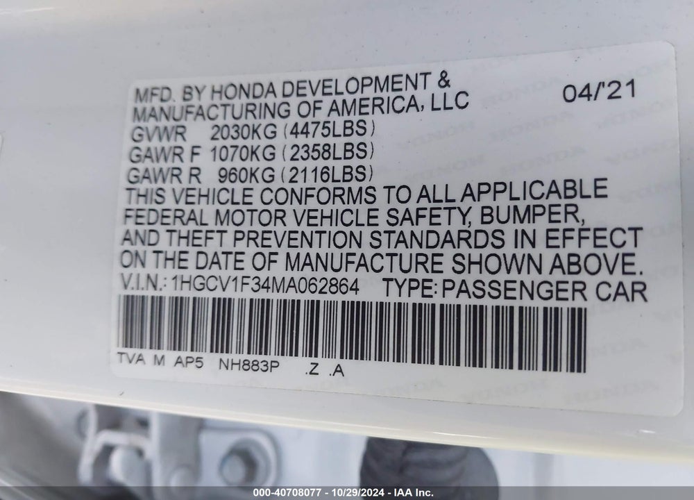 2021 HONDA ACCORD SPORT VIN: 1HGCV1F34MA062864