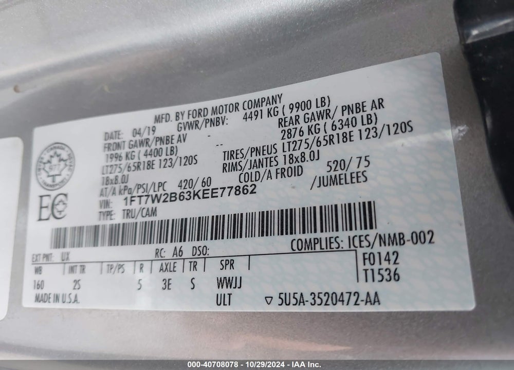 2019 FORD F-250 XLT VIN: 1FT7W2B63KEE77862