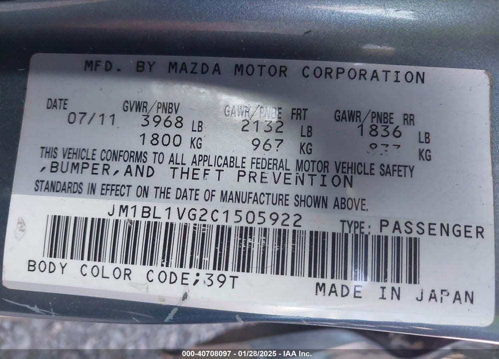 2012 MAZDA MAZDA3 VIN: JM1BL1VG2C1505922