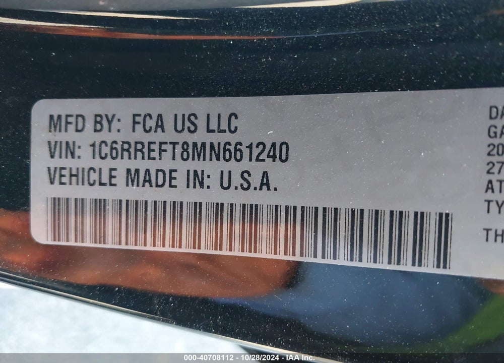 2021 RAM 1500 BIG HORN 4X2 5'7 BOX VIN: 1C6RREFT8MN661240