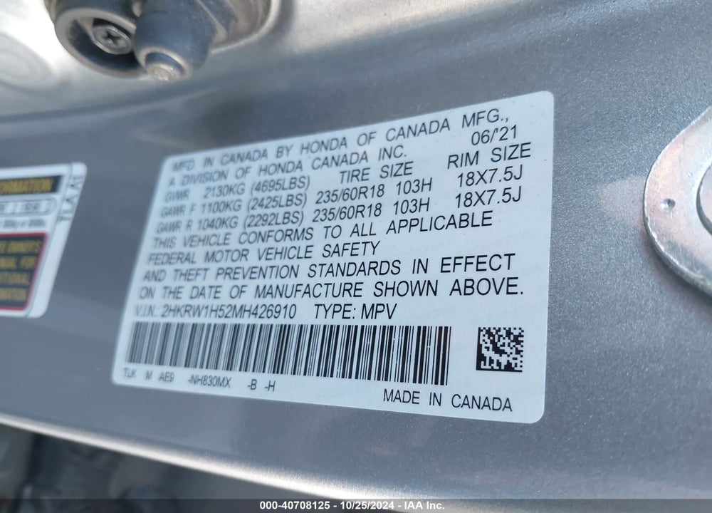 2021 HONDA CR-V 2WD EX VIN: 2HKRW1H52MH426910