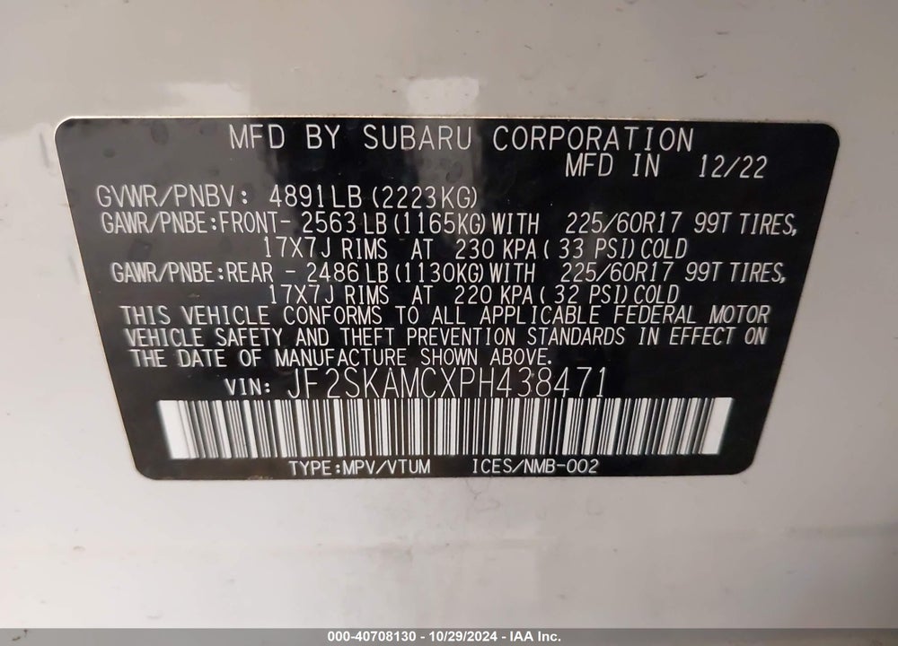 2023 SUBARU FORESTER WILDERNESS VIN: JF2SKAMCXPH438471