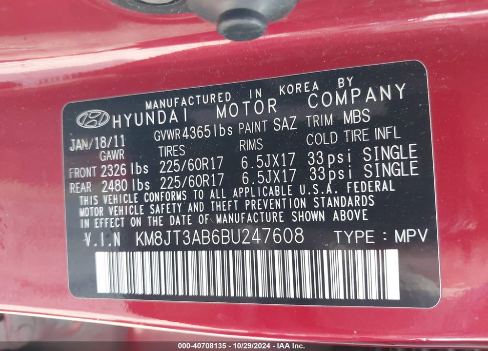 2011 HYUNDAI TUCSON GL VIN: KM8JT3AB6BU247608