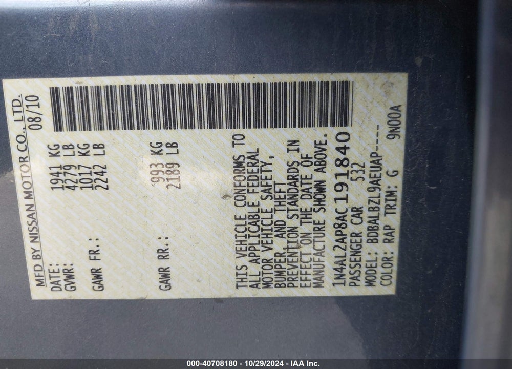 2010 NISSAN ALTIMA 2.5 S VIN: 1N4AL2AP8AC191840