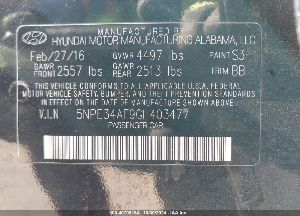 2016 HYUNDAI SONATA SPORT VIN: 5NPE34AF9GH403477
