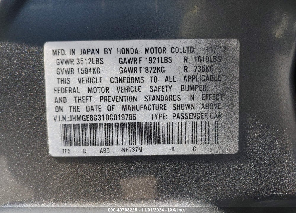 2013 HONDA FIT VIN: JHMGE8G31DC019786