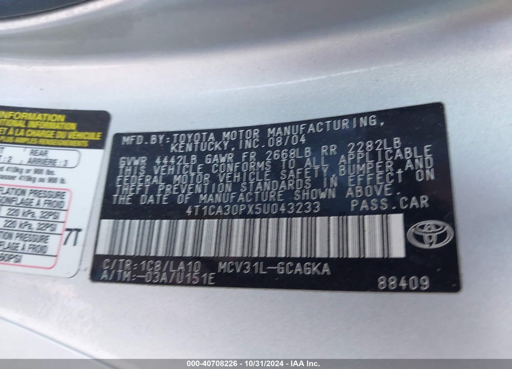 2005 TOYOTA CAMRY SOLARA SLE V6 VIN: 4T1CA30PX5U043233