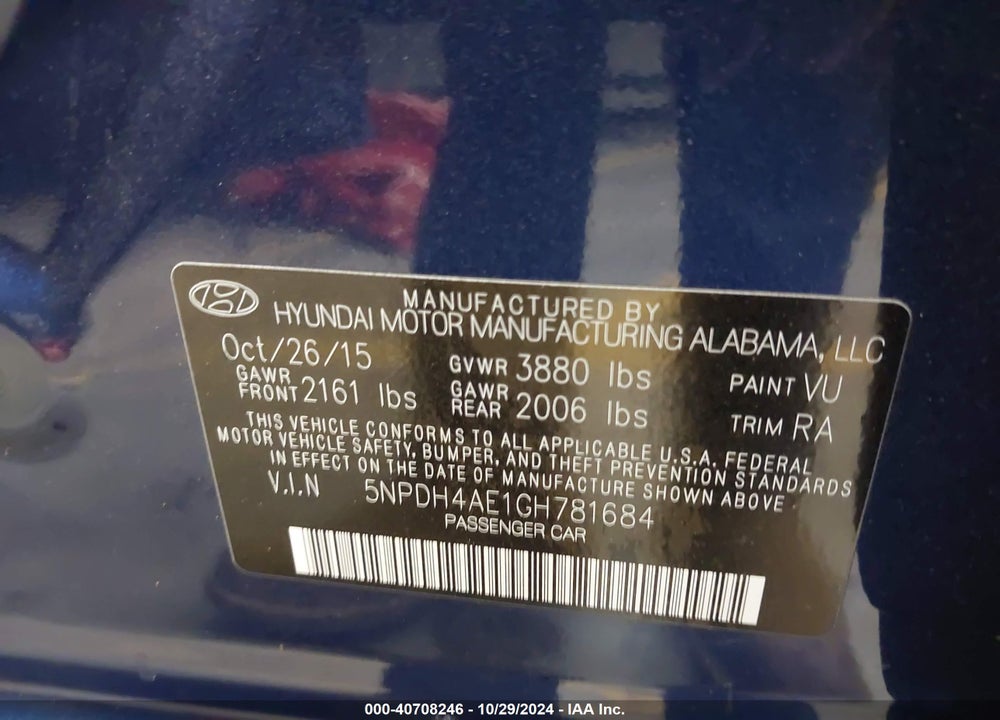 2016 HYUNDAI ELANTRA SE VIN: 5NPDH4AE1GH781684