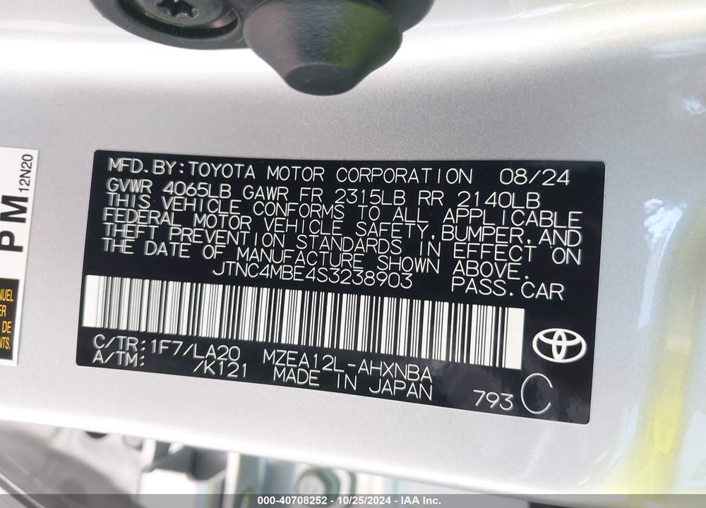 2025 TOYOTA COROLLA VIN: JTNC4MBE4S3238903