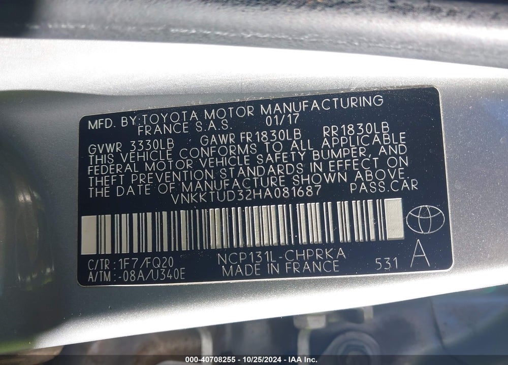 2017 TOYOTA YARIS L VIN: VNKKTUD32HA081687