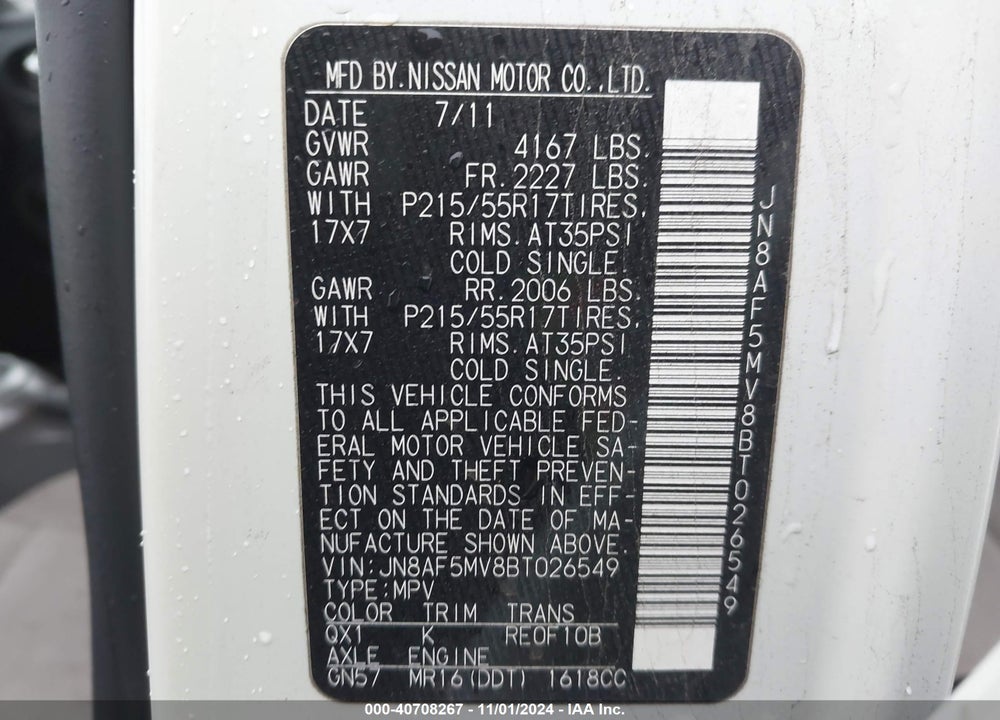 2011 NISSAN JUKE SV VIN: JN8AF5MV8BT026549