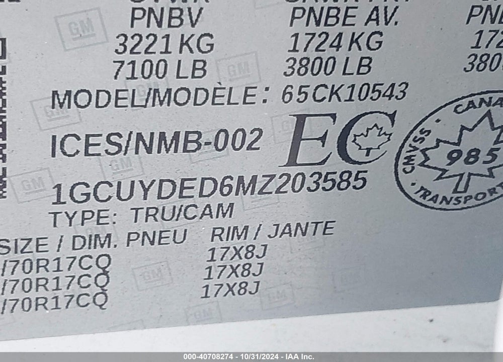 2021 CHEVROLET SILVERADO 1500 4WD  SHORT BED LT/4WD  STANDARD BED LT VIN: 1GCUYDED6MZ203585