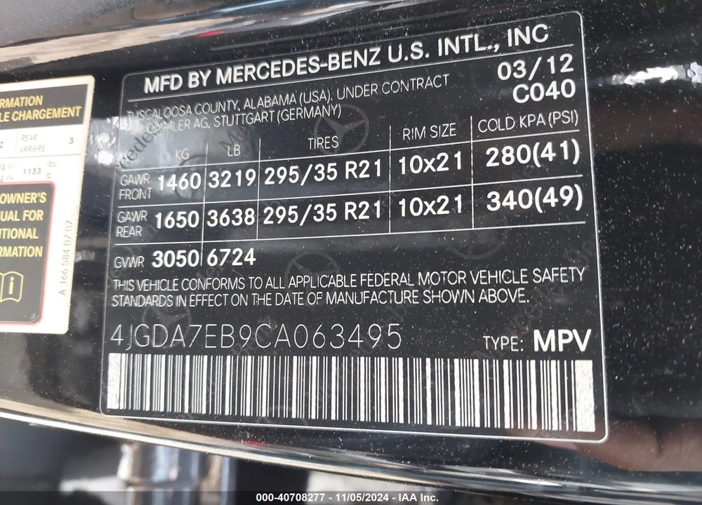 2012 MERCEDES-BENZ ML 63 AMG 4MATIC VIN: 4JGDA7EB9CA063495