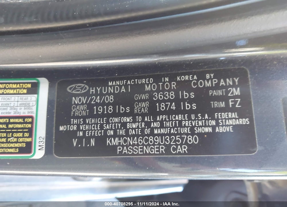 2009 HYUNDAI ACCENT GLS VIN: KMHCN46C89U325780