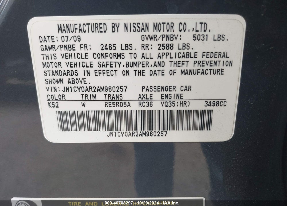 2010 INFINITI M35X VIN: JN1CY0AR2AM960257