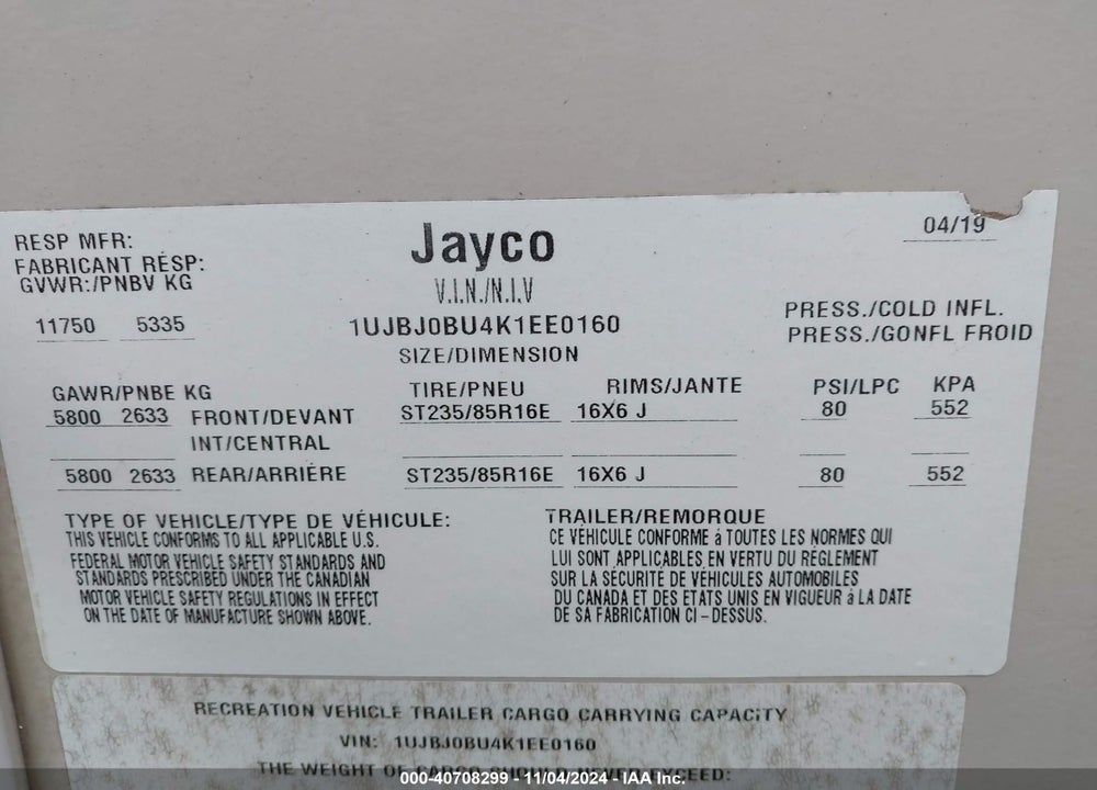 2019 JAYCO EAGLE TRAVEL TRAILER VIN: 1UJBJ0BU4K1EE0160