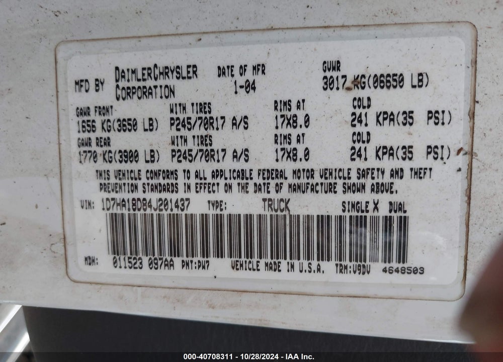 2004 DODGE RAM 1500 SLT/LARAMIE VIN: 1D7HA18D84J201437