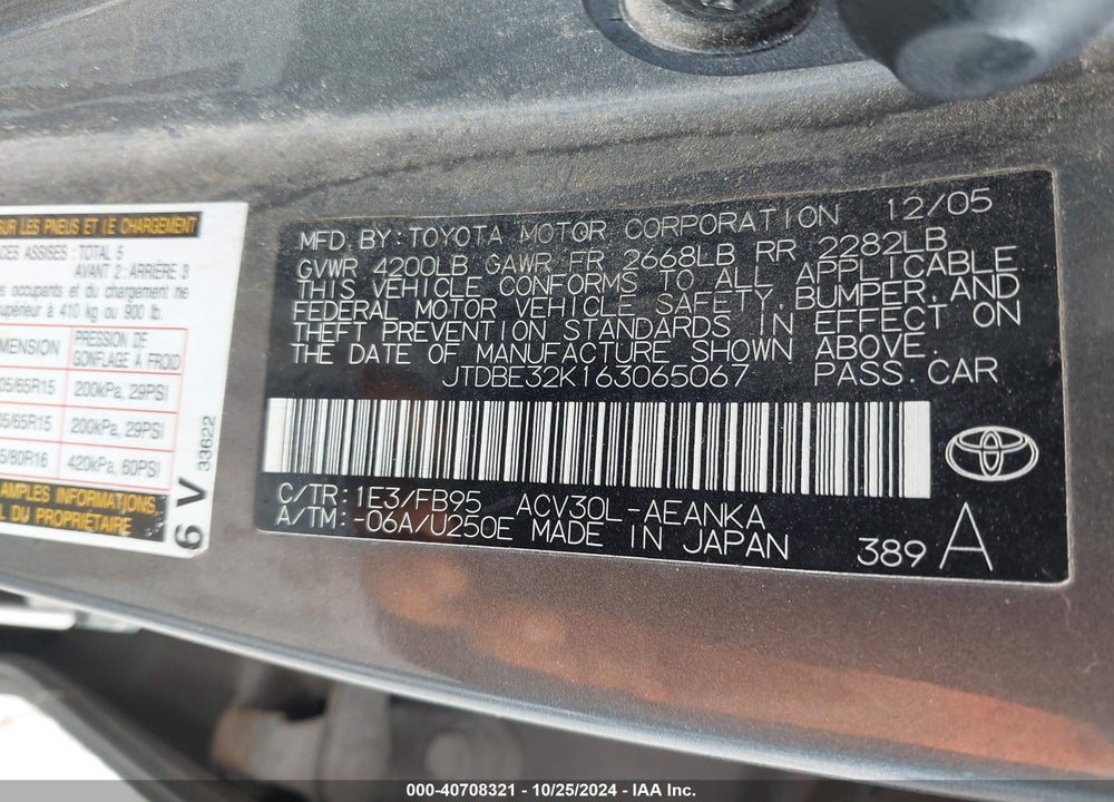 2006 TOYOTA CAMRY STD/ VIN: JTDBE32K163065067