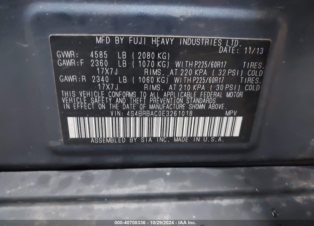 2014 SUBARU OUTBACK 2.5I VIN: 4S4BRBAC0E3261018