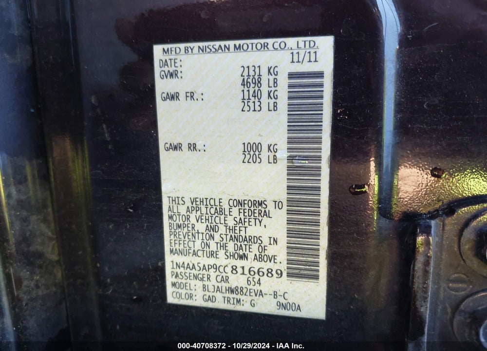 2012 NISSAN MAXIMA 3.5 SV VIN: 1N4AA5AP9CC816689
