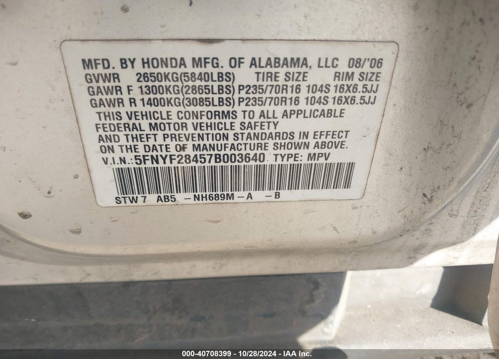 2007 HONDA PILOT EX VIN: 5FNYF28457B003640