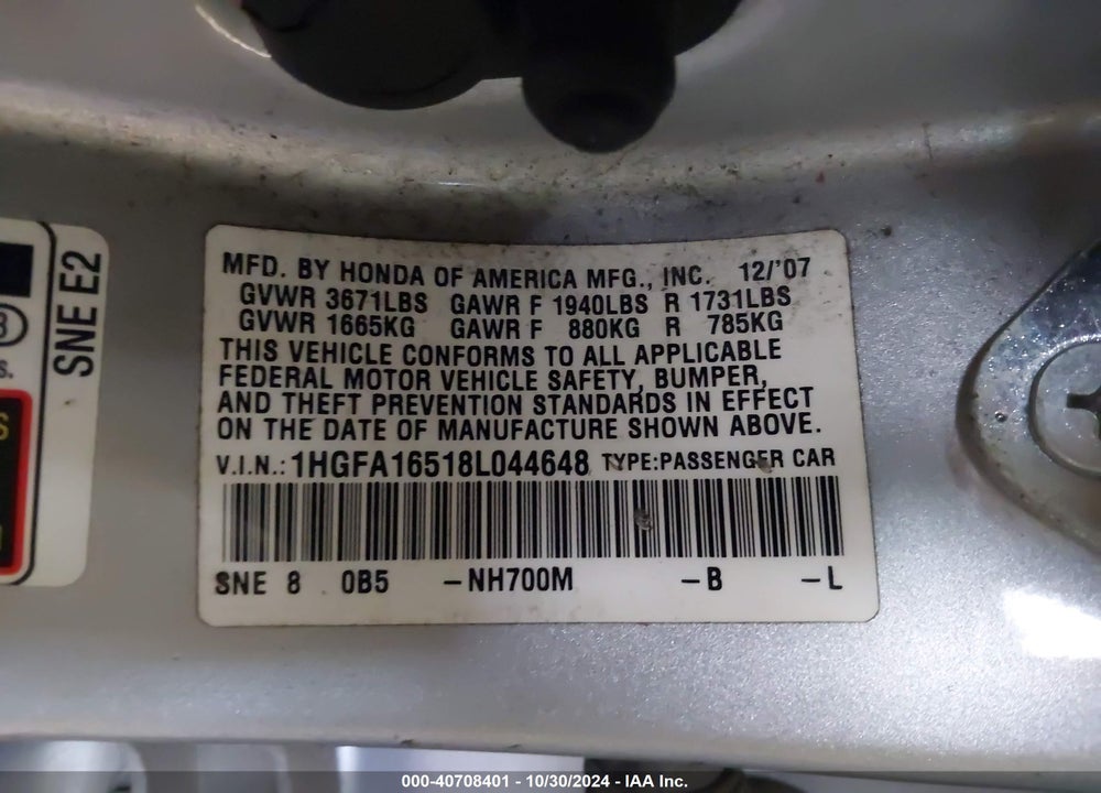 2008 HONDA CIVIC LX VIN: 1HGFA16518L044648