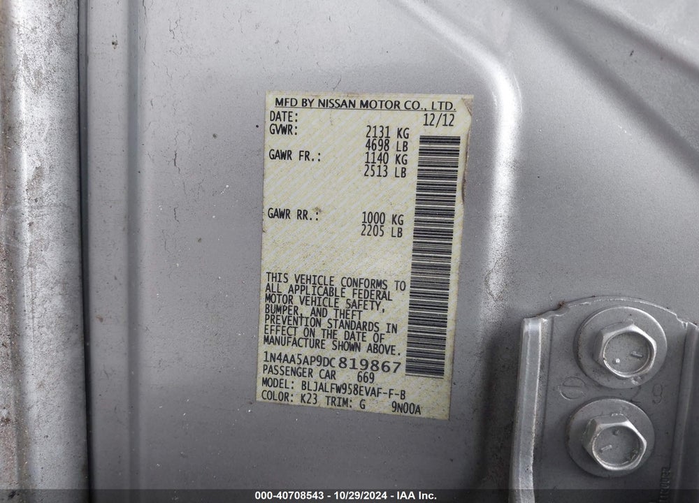 2013 NISSAN MAXIMA 3.5 SV VIN: 1N4AA5AP9DC819867