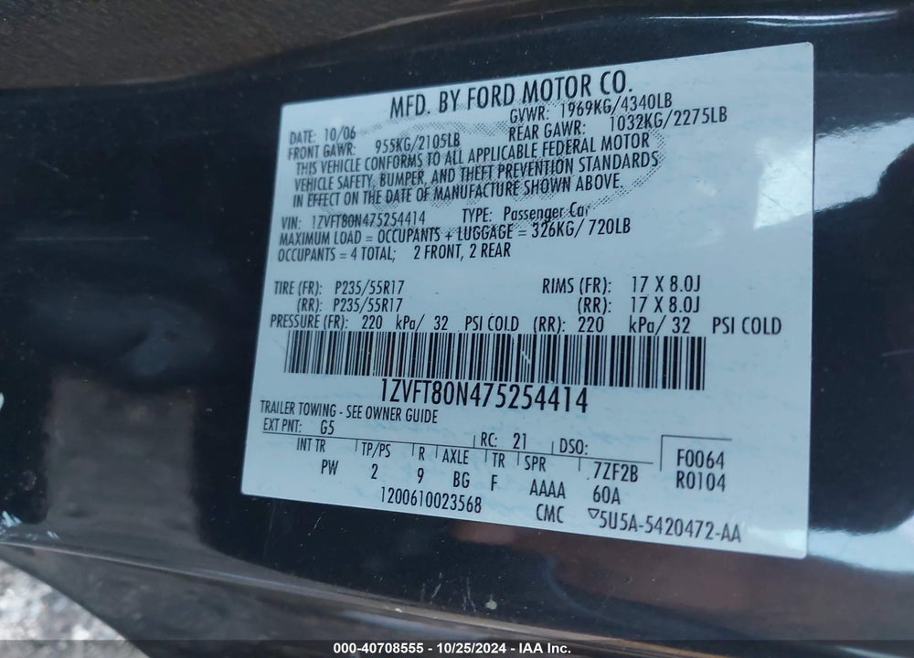 2007 FORD MUSTANG V6 DELUXE/V6 PREMIUM VIN: 1ZVFT80N475254414