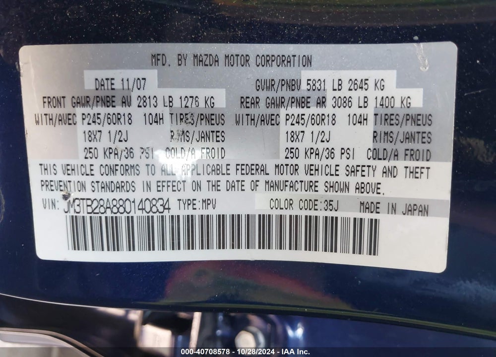 2008 MAZDA CX-9 TOURING VIN: JM3TB28A880140834