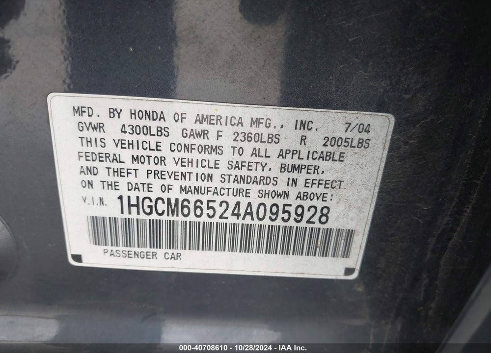 2004 HONDA ACCORD 3.0 EX VIN: 1HGCM66524A095928
