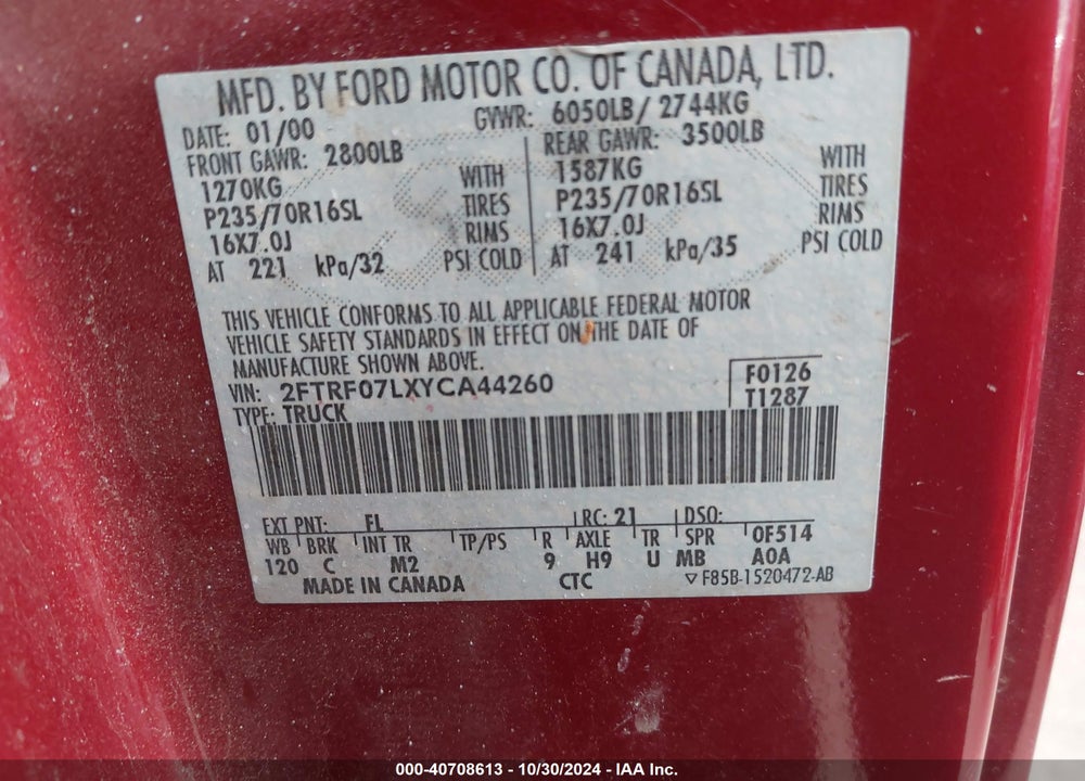 2000 FORD F-150 XL/XLT VIN: 2FTRF07LXYCA44260