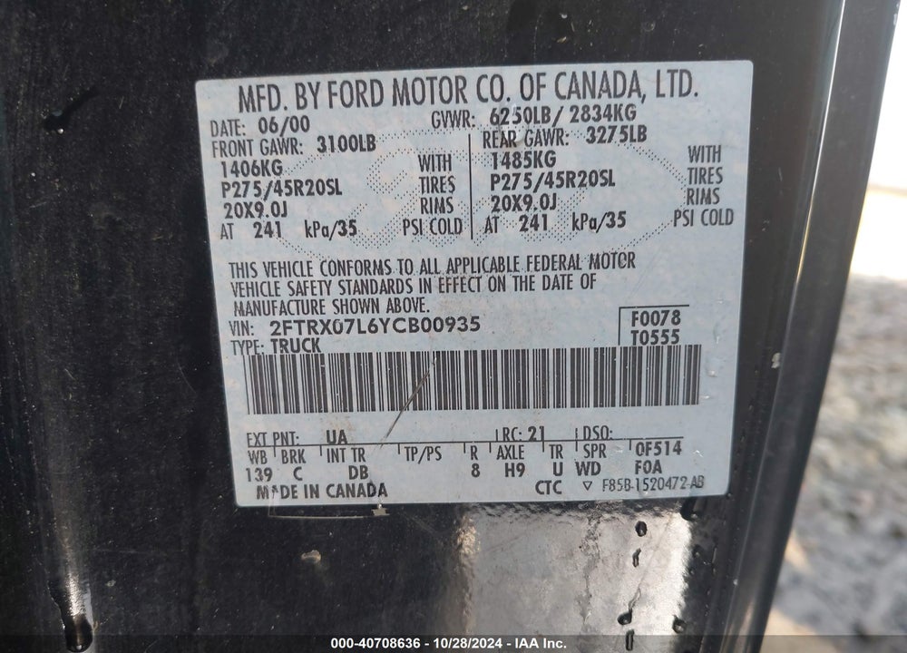 2000 FORD F-150 LARIAT/XL/XLT VIN: 2FTRX07L6YCB00935