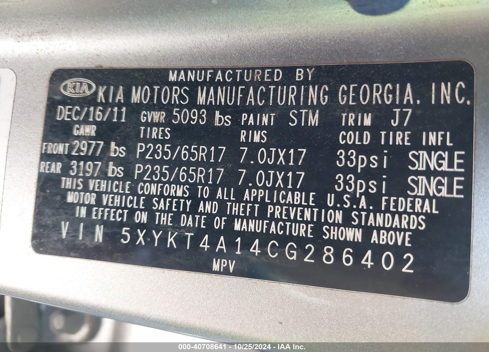 2012 KIA SORENTO LX VIN: 5XYKT4A14CG286402