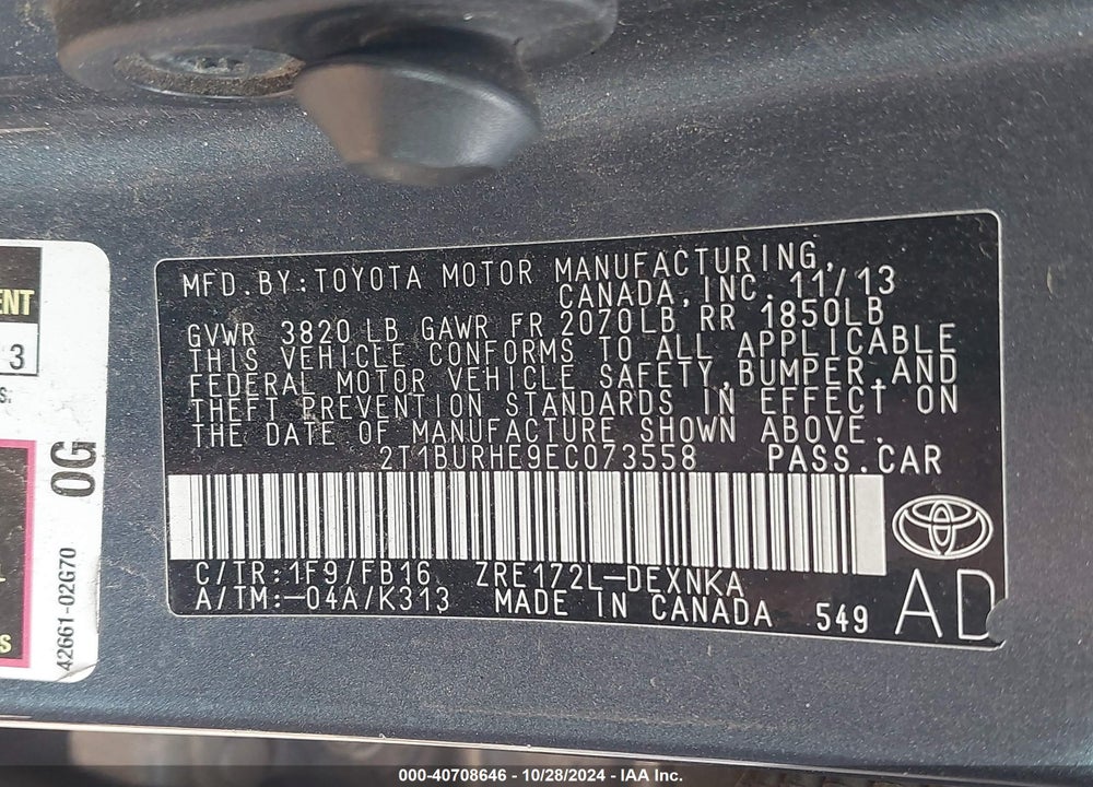 2014 TOYOTA COROLLA LE VIN: 2T1BURHE9EC073558