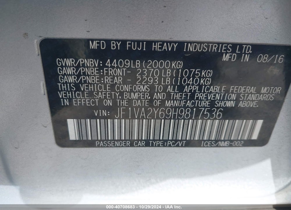2017 SUBARU WRX STI LIMITED VIN: JF1VA2Y69H9817536