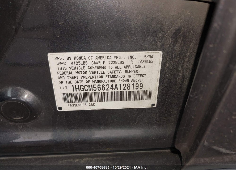 2004 HONDA ACCORD 2.4 EX VIN: 1HGCM56624A128199