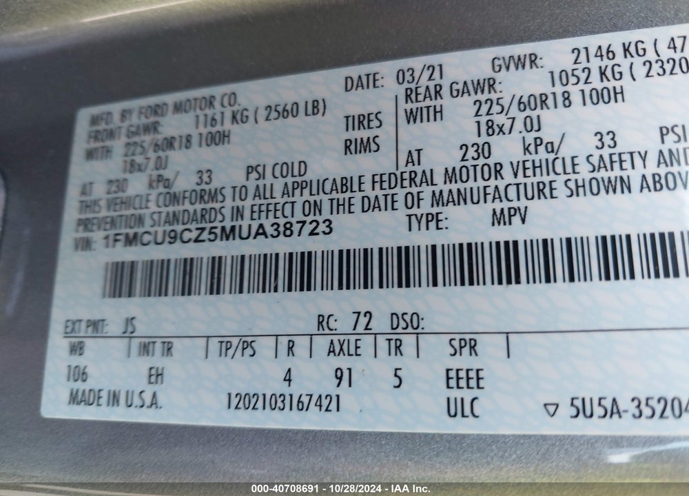 2021 FORD ESCAPE SEL HYBRID VIN: 1FMCU9CZ5MUA38723