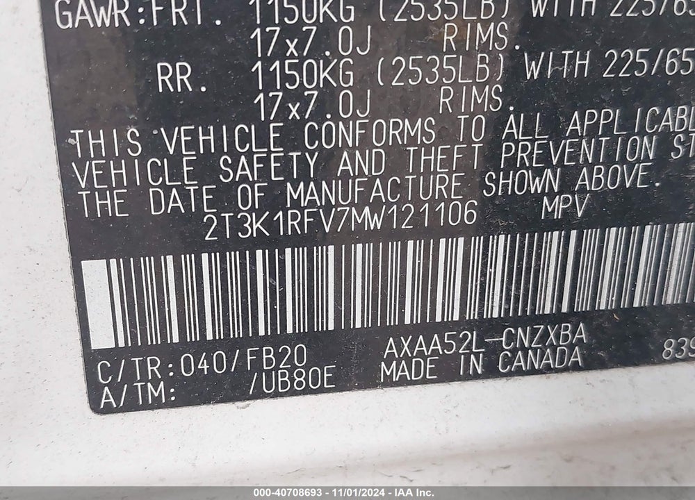 2021 TOYOTA RAV4 LE VIN: 2T3K1RFV7MW121106