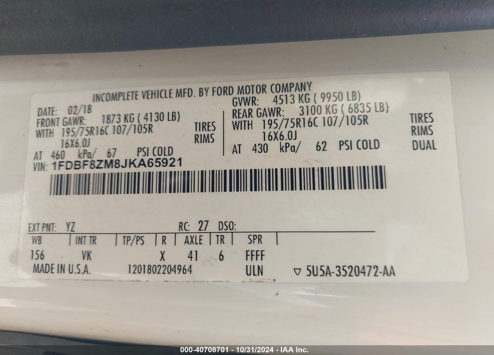 2018 FORD TRANSIT-350 CAB VIN: 1FDBF8ZM8JKA65921
